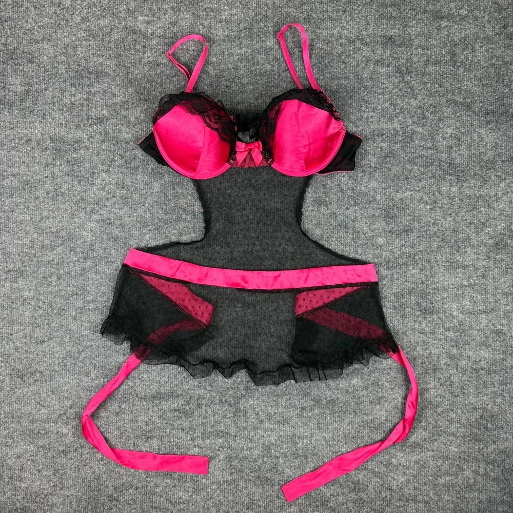 Apt 9 Intimates Hot Pink Black Lace Mesh Babydoll Chemise Lingerie Size Medium